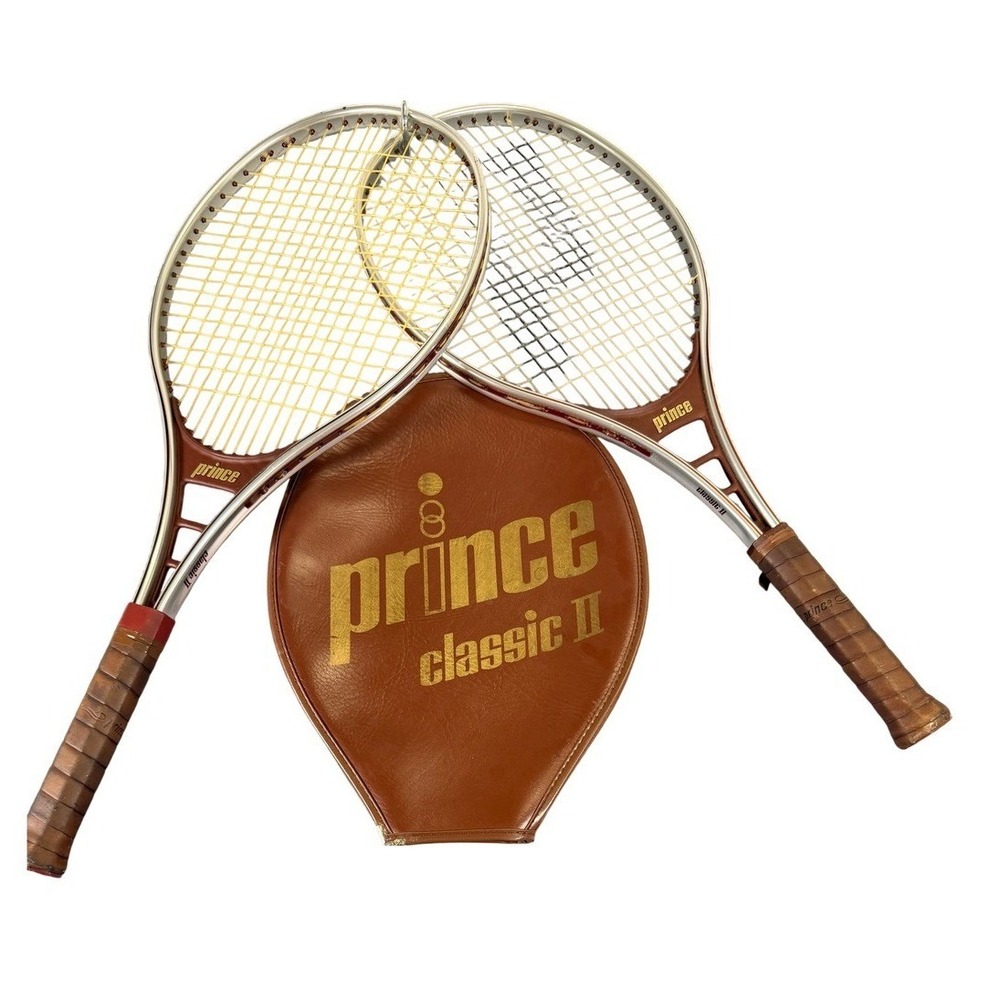 Vintage Prince Classic II Tennis Racquets Set of 2 with Cover 4 3/8 Grip Silver